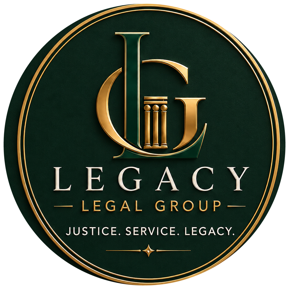 Legacy Legal Group crest — gold monogram and columns on hunter green
